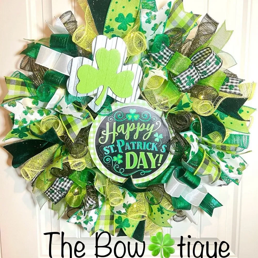 Handmade Happy St. Patrick’s Day Ribbon Prelit Wreath 22 ins LED W8